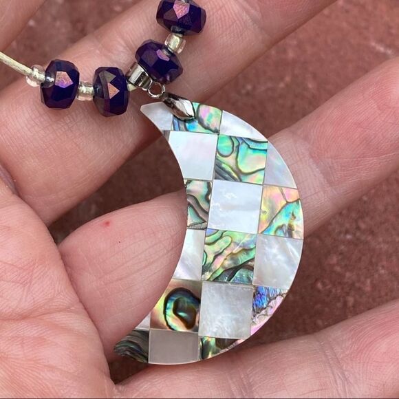 Abalone Moon Pendant Handmade leather Necklace - Picture 6 of 9